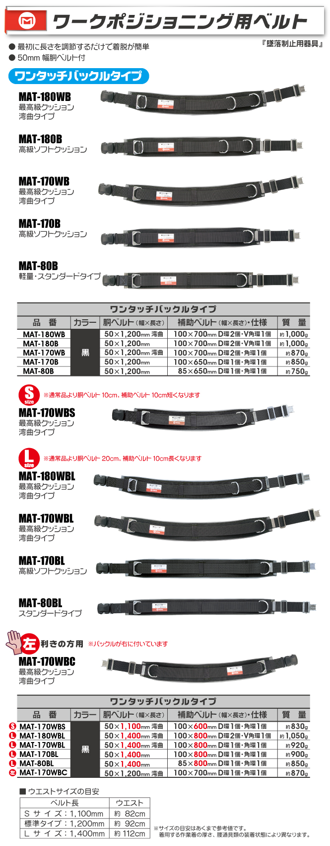 MARVEL マーベル MAT-100WBL ワークポジショニング用ベルト スライドバックルタイプ Ｌサイズ　黒 - 3